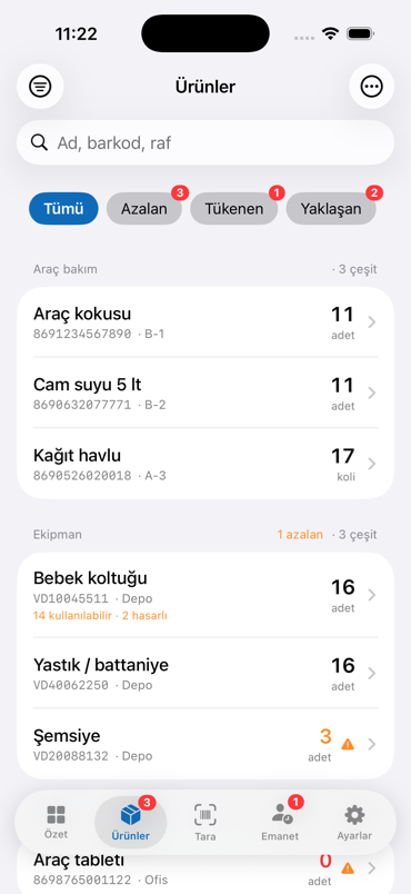Stok Cepte Ürünler ekranı — stok listesi, süzgeçler ve durum dağılımı